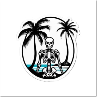 skeleton, beach, surf, palm tree and waves. Posters and Art